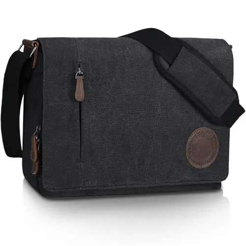 Leathario Umhängetasche Herren 14 Zoll, Messenger Bag aus Echtleder und Canvas, Arbeitstasche Studententasche Laptoptasche Schultertasche Kuriertasche Collegetasche Uni Studenten，Arbeit Schwarz