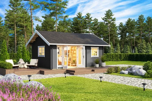 Gartenhaus Blockhaus 40 mm Caroline 2.1 – Grau Lasita - Gartenhaus aus 40 mm Blockbohlen mit Schlafboden und abschließbaren Türen, ideal für Gartenliebhaber und als zusätzlicher Wohnraum.