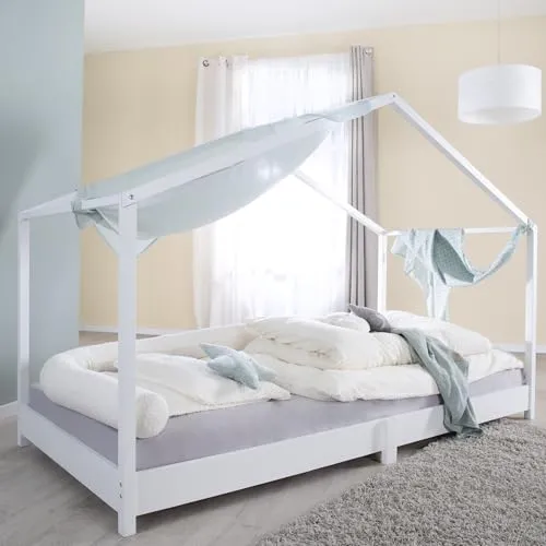 roba® Hausbett aus Massivholz - Montessori Kinderbett 90 x 200 cm - Abenteuerbett für Kinder, bodentief mit einladendem Hausdesign, fördert Unabhängigkeit und Selbstständigkeit nach Montessori Prinzipien.