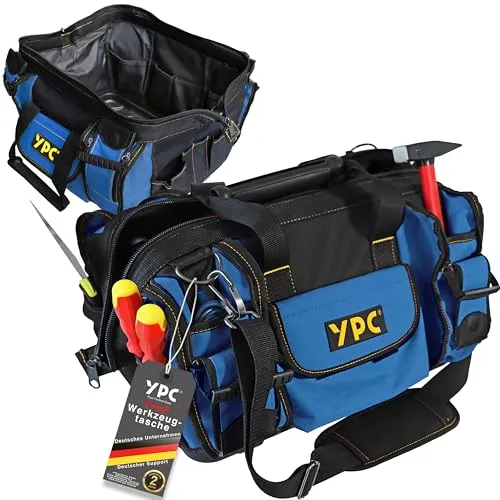 YPC Profi Werkzeugtasche XXL – Wasserfeste Arbeitstasche mit stabilem Boden - Werkzeugtasche (42x30x25cm) aus reißfestem, wasserabweisendem Material, mit 19 Taschen für optimale Organisation und 20 kg Tragkraft – ideal für Handwerker und DIY-Projekte.