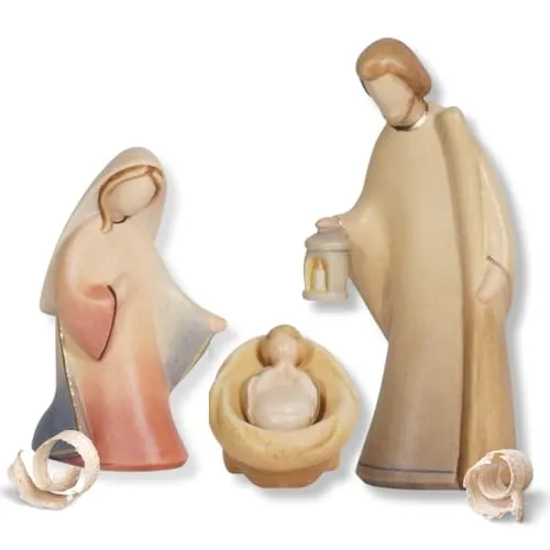 Akantus Krippe Leonardo: Handbemalte Heilige Familie (8,5 cm) - Hochwertige Krippenfiguren aus Bergahornholz, handgefertigt nach traditioneller Südtiroler Kunst. Ideal für eine besinnliche Weihnachtsatmosphäre in Ihrem Zuhause.