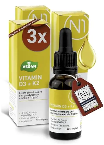 N1 Vitamin D3 K2 Tropfen 3x20 ml - Premium Qualität für die tägliche Unterstützung - Hochdosierte Tropfen mit 1000 IE Vitamin D3 und 7,5 µg K2, ideal für die tägliche Einnahme. Einfach dosierbar, geschmacksneutral und für Vegetarier geeignet.