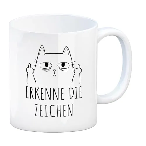 Katze mit Mittelfinger Kaffeebecher mit Spruch Erkenne die Zeichen Kollege genervt im Büro Katze mit Stinkefinger Fuck you Tasse Abschiedsgeschenk
