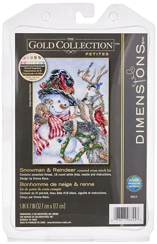 Dimensions Gezählter Kreuzstick Set, Snowmen and Reindeer - Zählbare Kreuzstich-Sets, kreatives Kit für festliche Dekoration mit Baumwollfäden und einfacher Anleitung, ideal für Weihnachtsfreunde.