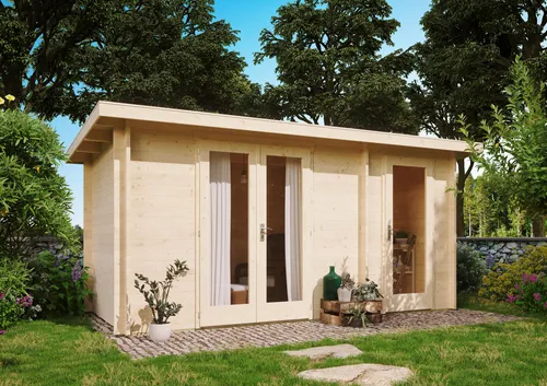 Fjordholz Gartenhaus Carin 44 A – Massivholz für Ihren Garten - Robustes Gartenhaus aus 44mm nordischer Fichte mit extra hoher Doppeltür und isolierverglasten Türen. Ideal für mehr Stauraum und individuelle Gestaltungsmöglichkeiten.