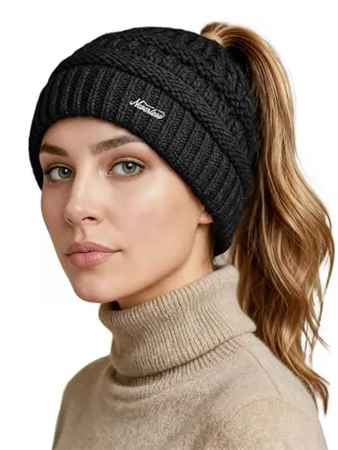 Neverless® Damen Strickmütze Mütze Zopfloch Grobstrick Ungefüttert Wintermütze Langhaar Frauen Schwarz Unisize
