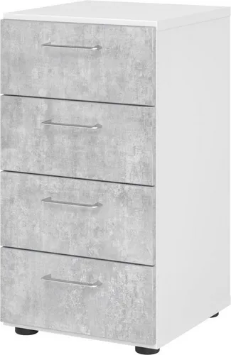 Regal 2 OH 40x42x74,8cm mit 4 Schüben in Weiß/Beton - Praktisches Regal mit 4 Schubkästen für vielseitige Stauraumlösungen. Ideal für Büros oder Wohnräume, bietet es eine ansprechende Kombination aus Weiß und Beton. Lieferung teilmontiert für einfachen Aufbau.