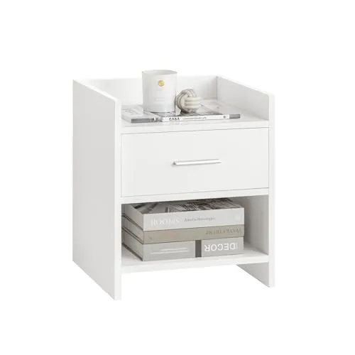 SoBuy Nachttisch FBT66 - Weißer Nachtschrank mit 1 Schublade - Nachtkonsolen mit 1 Schublade und 2 Ablageböden, ideal für Schlafzimmer oder Wohnzimmer, bietet praktischen Stauraum und stilvolles Design.