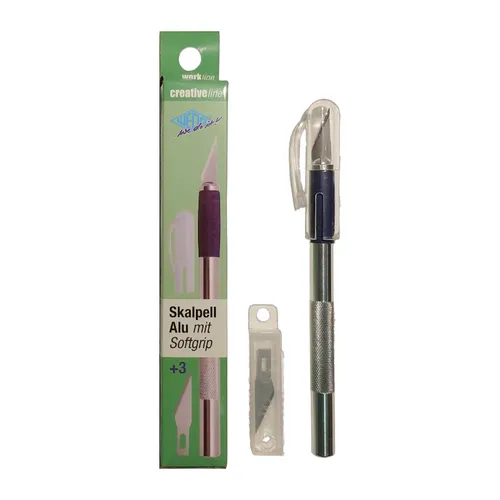 Wedo 78621 Skalpell - Aluminium, 15 cm, inklusive 3 Ersatzklingen und gummierter Griffzone für komfortables Arbeiten