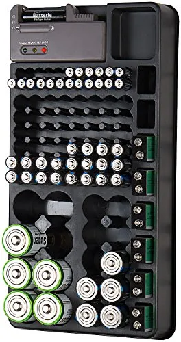 tka Köbele Akkutechnik Akku Aufbewahrungsbox: 2in1-Batterie-Organizer für 98 Batterien, mit Batterie-Tester (Batteriehalter, Aufbewahrungsbox Test, Aufbewahrung)