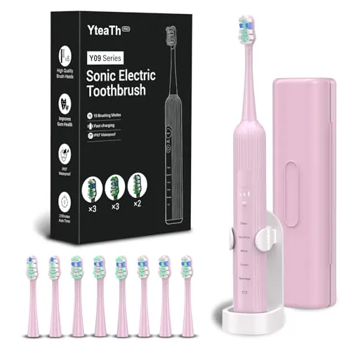 Elektrische Schallzahnbürste für Erwachsene & Kinder, 5 Putzmodi mit 3 Intensitätsstufen, Timer, 8 Ersatzbürstenköpfe & Reiseetui, Wiederaufladbare Sonic Toothbrush Rosa