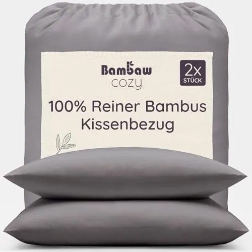 Bambaw Kopfkissenbezug Bambus 80x80 cm, 2-er Pack, haarschonende Sommer Bettwäsche kühlend, hypoallergene und antibakterielle Bettwäsche, Kissenbezug 80 x 80 Bambus (Dunkelgrau)