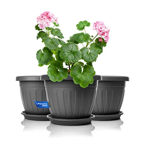 BigDean 3X Blumentopf mit Untersetzer rund ø28xH20 cm anthrazit - wetterfester Pflanzkübel - Wasserablauf UV-beständig aus bruchsicherem Kunststoff - Innen + Außen geeignet - Made in Europe