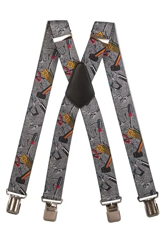 Olata Hosenträger mit Werkzeug-Muster – Robuste, Verstellbare X- und Y-Form, 4 cm Breit, Ideal für Arbeit und Alltag. Grau, X-Form - 4 cm