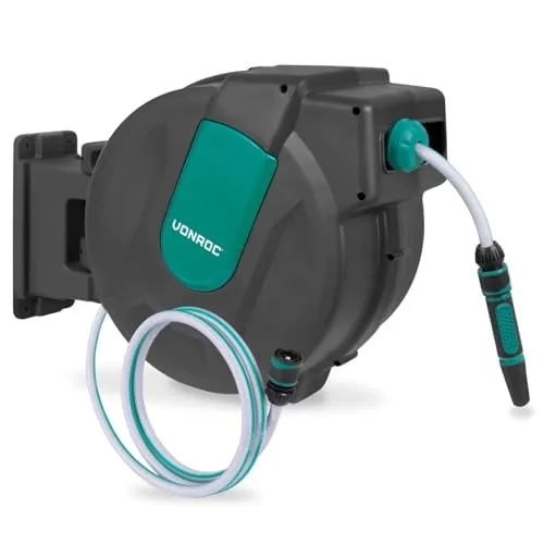 VONROC Schlauchtrommel 35 Meter - Automatische Schlauchbox mit 180° Drehung - Schlauchtrommel für müheloses Gießen und Reinigen, inklusive Einzugsautomatik und 180° schwenkbarer Wandhalterung für maximale Bewegungsfreiheit.