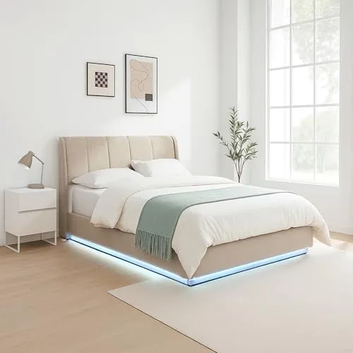 [en.casa] Polsterbett 140x200 cm Tröstiar mit LED-Beleuchtung Doppelbett mit Kopfteil und Stauraum Bettkasten Lattenrost Leinen Beige