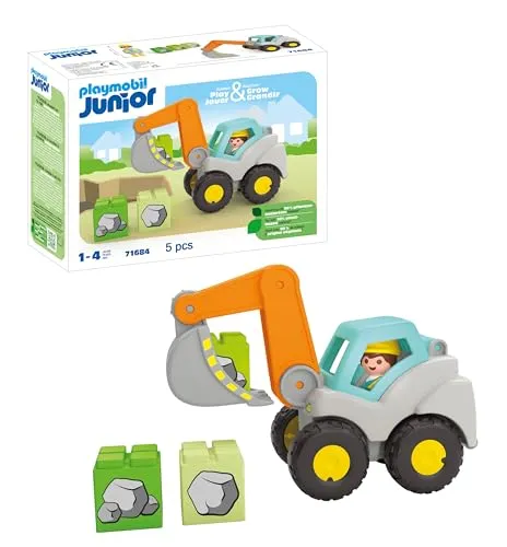 Playmobil Schaufelbagger (71684) - JUNIOR Konstruktions-Spielset, mit beweglicher Schaufel und aufklappbarem Kabinendach, ideal für Kinder ab 12 Monaten