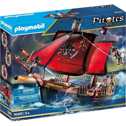 PLAYMOBIL Pirates 70411 - Totenkopf-Kampfschiff, schwimmfähig mit 3 Piraten und 132 Zubehörteilen, ideal für Seeräuber ab 5 Jahren