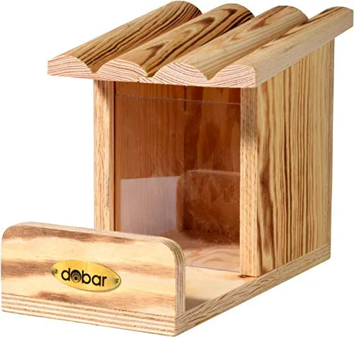 dobar® 22239FSCe Eichhörnchenfutterstation - Massivholz Futterhaus mit Schutzklappe - Futterstation für Wildvögel, aus FSC-zertifiziertem Kiefernholz, wetterfest durch Acrylglasscheibe und geflammte Oberfläche, ideal zum Füttern von Nüssen, Kernen und Früchten.