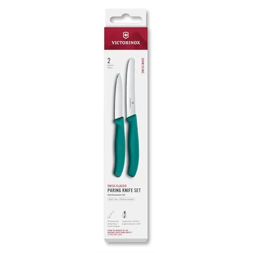 Victorinox Swiss Classic Gemüsemesser Set, 2-teilig, Gerade Klinge und Wellenschliff, Rostfreier Stahl, Swiss Made, Grün