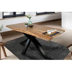 Esstisch 200 x 100 cm Tim, Baumkantentisch naturfarben, Akazienholz massiv, Spider-Gestell aus Metall Schwarz - Braun