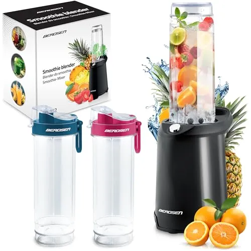 Berdsen Becher-Mixer - Smoothie Maker To Go - Standmixer mit 2 BPA-freien Trinkflaschen, ideal für nahrhafte Smoothies und Cocktails. Leistungsstarker Mixer mit Edelstahlklinge zerkleinert Eis und gefrorenes Obst mühelos.