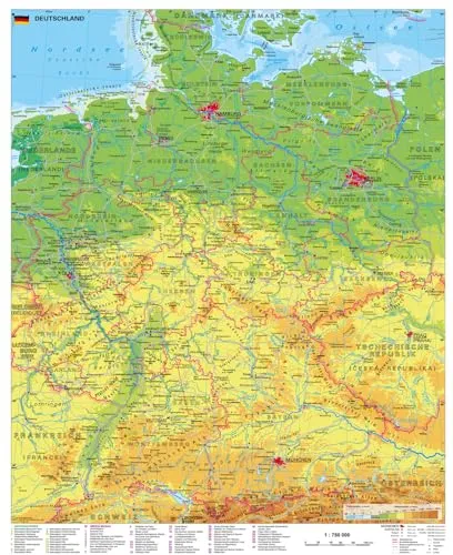 Deutschland physisch mit UNESCO-Welterbestätten und Nationalparks