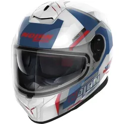 Nolan N80-8 Wanted N-Com Helm, weiss-rot-blau, Größe 2XS - Motorradhelm mit Notfallwangenpolster NERS für schnelle Hilfe und Airbooster-Technologie für optimale Belüftung.