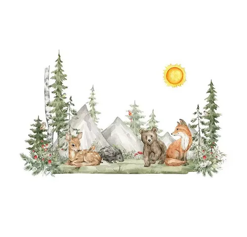 Montegoni Wandtattoo Handgemalte XXL Wandaufkleber mit Tieren im Wald-Stil für Kinder (Raumdekor, entfernbare Aufkleber, umweltfreundlich, DIY-Poster), XL, selbstklebend, rückstandslos entfernbar