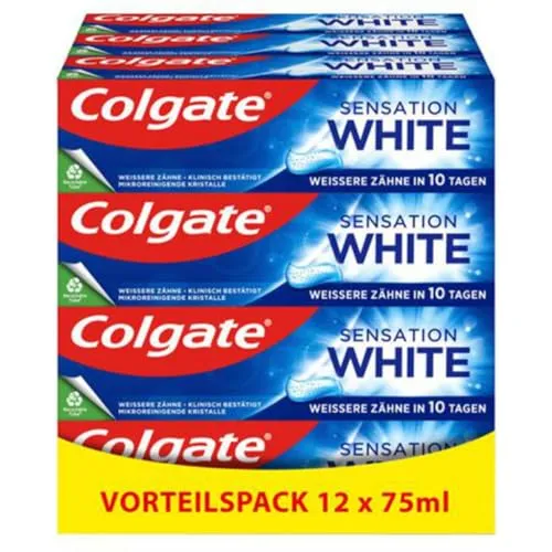 Colgate Zahnpasta Sensation White 12x75 ml - Zahnpasta mit dualem Reinigungssystem, entfernt 10x mehr Verfärbungen und sorgt für anhaltend weiße Zähne – zahnschmelzschonend und kariesvorbeugend.