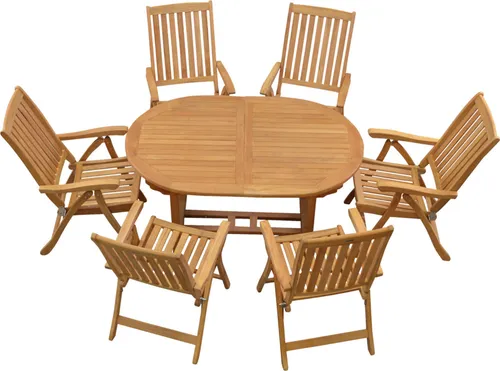 Teakholz Sitzgruppe mit 6 Hochlehnern und ovalem Ausziehtisch – Elegantes Gartenmöbel Set - Genießen Sie gesellige Stunden im Freien mit dieser stilvollen Teakholz Sitzgruppe. Der ausziehbare Tisch und die verstellbaren Hochlehner bieten Komfort und Flexibilität. Pflegeleicht und wetterresistent für sorgenfreies Outdoor-Vergnügen.