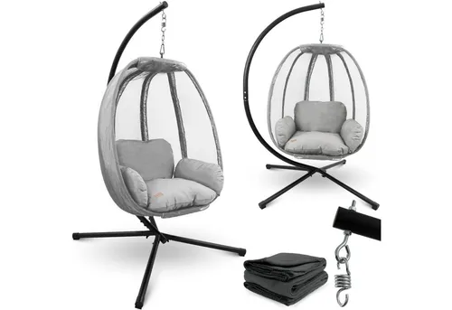 deluxe4home Hängesessel Hängekorb mit Gestell - Hängesessel für entspannte Stunden, inkl. Polster und Kuscheldecke, ideal für Terrasse und Garten.