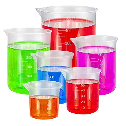 BUZIFU 6 Stück Messbecher Plastik, Transparent Labor Messbecher Set Kunststoff Labs Becher mit Skala 25ml 50ml 100ml 150ml 300ml 500ml Labor Messbecher Werkzeuge für Flüssigkeit
