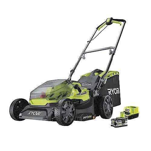 RYOBI 18 V Brushless Akku-Rasenmäher RY18LMX37A-150 - 37 cm Schnittbreite, bürstenloser Motor für hohe Leistung und 6-fache Schnitthöheneinstellung von 25 bis 70 mm