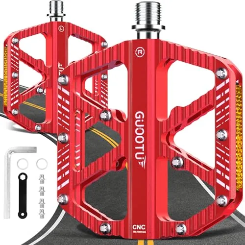 GUOOTU Deutsche professionelle Fahrradpedale, CNC Aluminium MTB Pedale Leichtgewichts, 3 Abgedichtete Lager, Antirutsch für Mountainbike,Stadtrad,Rennrad, BMX, E-Bike (Rot)