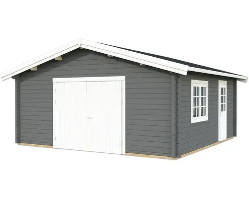 Einzelgarage Palmako Roger 27,7 m² mit Holztor - Hochwertige Einzelgarage mit Satteldach, ideal für die sichere Aufbewahrung Ihres Fahrzeugs. Aus robustem Holz gefertigt und in stilvollem Grau gehalten, fügt sie sich perfekt in Ihren Garten ein.