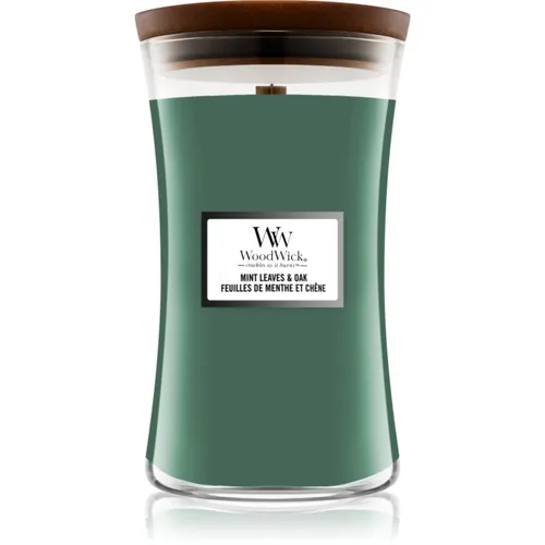 Woodwick Duftkerze Mint Leaves & Oak - Große Sanduhr Glas mit Holzdeckel - Duftkerze mit erfrischendem Mint Leaves & Oak Duft, ideal für Indoor-Nutzung und sorgt für bis zu 120 Stunden angenehme Raumerfrischung.