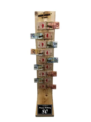 Eiserne Reserve® Geschenkbox Happy Birthday 80 - Mausefalle Deluxe - Aufbewahrungsbox für originelle Geldgeschenke, 9 witzige Mausefallen aus geflammtem Holz, ideal für humorvolle Geburtstagsüberraschungen.