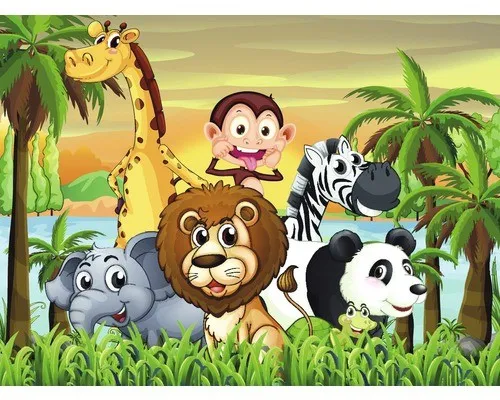 Fototapete Vlies 18405 Jungle Animals – 7-tlg. 350 x 260 cm - Bunte Fototapete mit Dschungeltieren, ideal für Kinderzimmer und Wohnzimmer, aus hochwertigem Vlies für einfache Anbringung und ein fröhliches Ambiente.