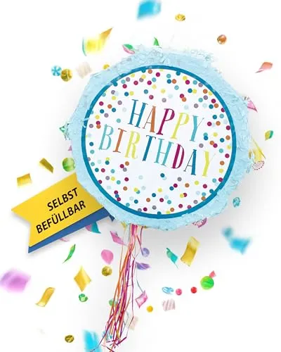 Party Factory – Pinata Happy Birthday blau für Jungen & Mädchen zum Befüllen & aufhängen – Schlag-Piñata als Party Deko in 44x9x44 cm für Geburtstag & Mottopartys – Partyspiel Motiv-Pinjata für Kinder