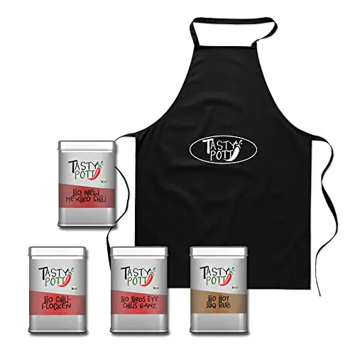 Tasty Pott Gewürz-Sets - Gewürze für jede Küche I Pfeffer I Chili I BBQ I Gewürzdose I Gewürzmischungen I Geschenk I Geschenksets I Bio Gewürze I Kochschürze (Set 6 Scharfe Sache Bio)