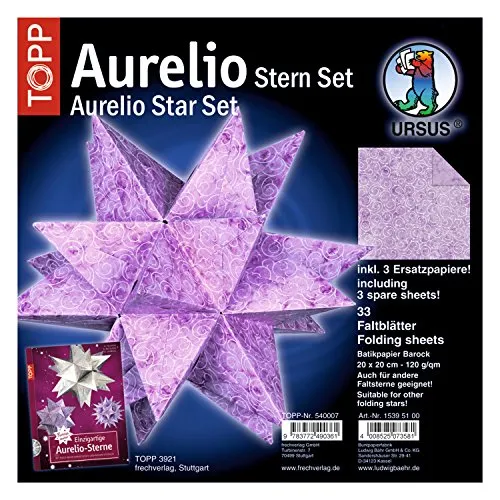 Ursus 15395100 - Faltblätter Aurelio Stern Batik, lila / weiß, 33 Blatt, aus Batikpapier 120 g/qm, ca. 20 x 20 cm, beidseitig bedruckt, ideal als Weihnachtsdeko
