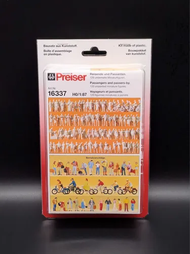 Preiser 1:87 H0 16337 Reisende Passanten unbemalt 120 Stück + 12x Fahrrad Neu