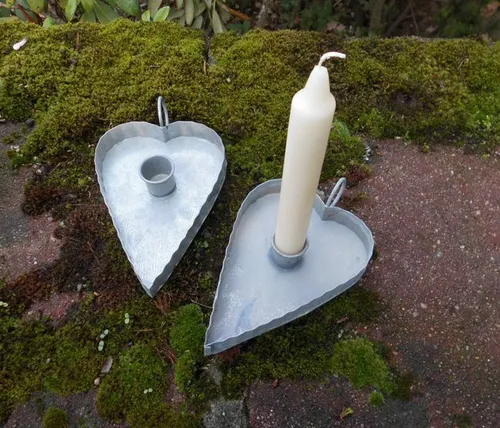 Kerzenhalter Kerzenteller Herz 2 Stück Eisen für Stabkerzen Eisen grau