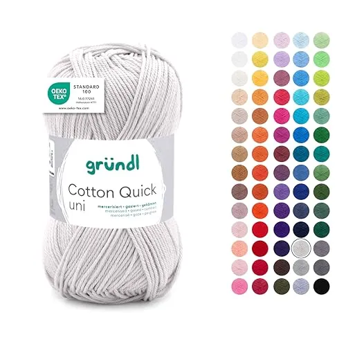 Gründl Wolle Cotton Quick uni - dünne Wolle zum Häkeln - Strickgarn - Häkelgarn - Glänzend und hautfreundlich - 100% Baumwolle - 1 Knäuel 50 g / 125 m - Nadelstärke 3-4 - lichtgrau