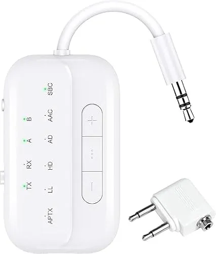 Bluetooth 5.4 Sender/Empfänger 2-in-1, Weiß | 2-in-1 Bluetooth Sender/Empfänger für TV, PC, Reise & Auto, mit AUX + 2 Kopfhörern kompatibel