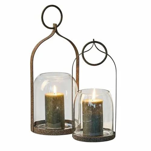 Loberon Laternen 2er Set Farazad, Zwei Größen, Orientalisches Design, Dezentes Rost-Finish, für Stumpenkerzen, Kerzenhalter, Kerzenständer, Stahl, Glas, antikbraun