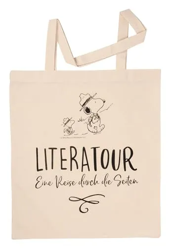 United Labels The Peanuts Snoopy Stoffbeutel - Literatour - Eine Reise durch die Seiten Jutebeutel Tragetasche Baumwolltasche Beige Naturfarben