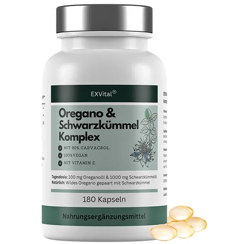 Oregano- Schwarzkümmelöl Komplex, 180 vegane Kapseln von Exvital