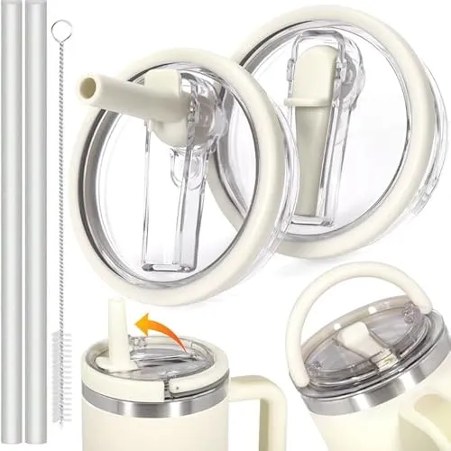 Vautvis Stanley Cup Deckel Auslaufsicher, 2 Stück Deckel Auslaufsicher Dicht für Stanley Cup 40oz mit 2 Trinkhalmen and 1 Strohhalm Bürste, Ersatzdeckel Zubehör (Beige)
